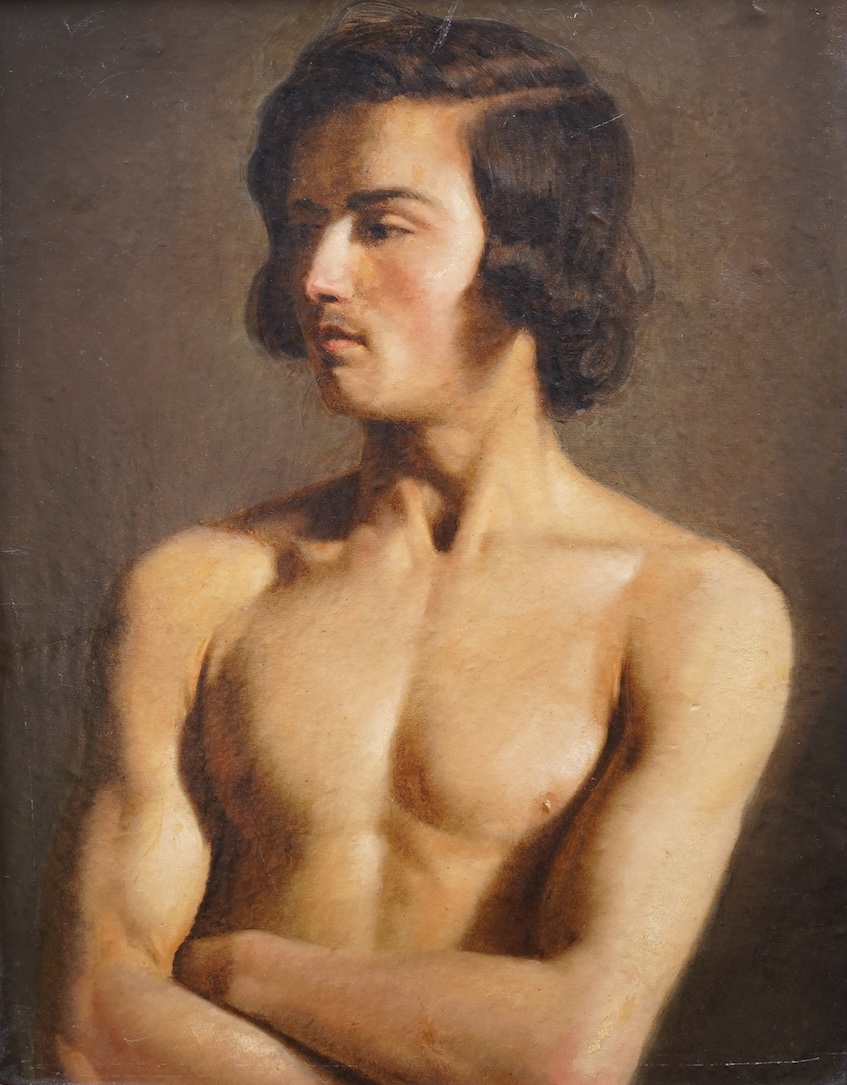 French School 19th century, Half-length study of a nude man standing